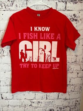 Gildan Red Graphic Tee with White & Pink Text